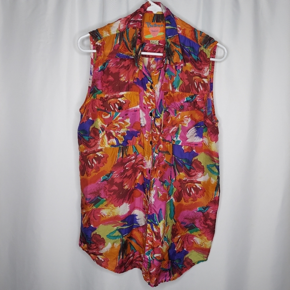 Protest‎ Silk Top Sleeveless Multicolor Button Collar Abstract Floral Medium 90s